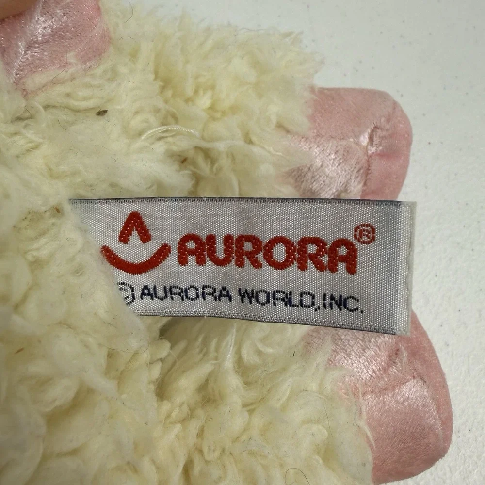 Aurora Lamb Sheep Plush Lovey‎ Bow Velvet Feet Ivory Pink Embroidered Face RARE